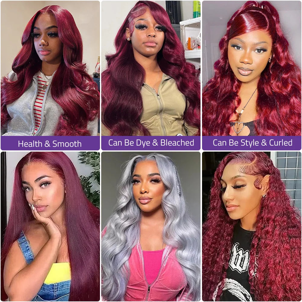 13x6 HD Lace Frontal 220 Density 99J Burgundy Body Wave Human Hair Wig 13x4 Lace Front Brazilian PrePlucked Wigs For Black Women