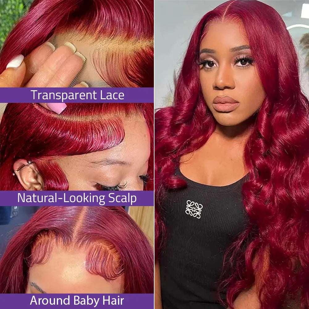 13x6 HD Lace Frontal 220 Density 99J Burgundy Body Wave Human Hair Wig 13x4 Lace Front Brazilian PrePlucked Wigs For Black Women