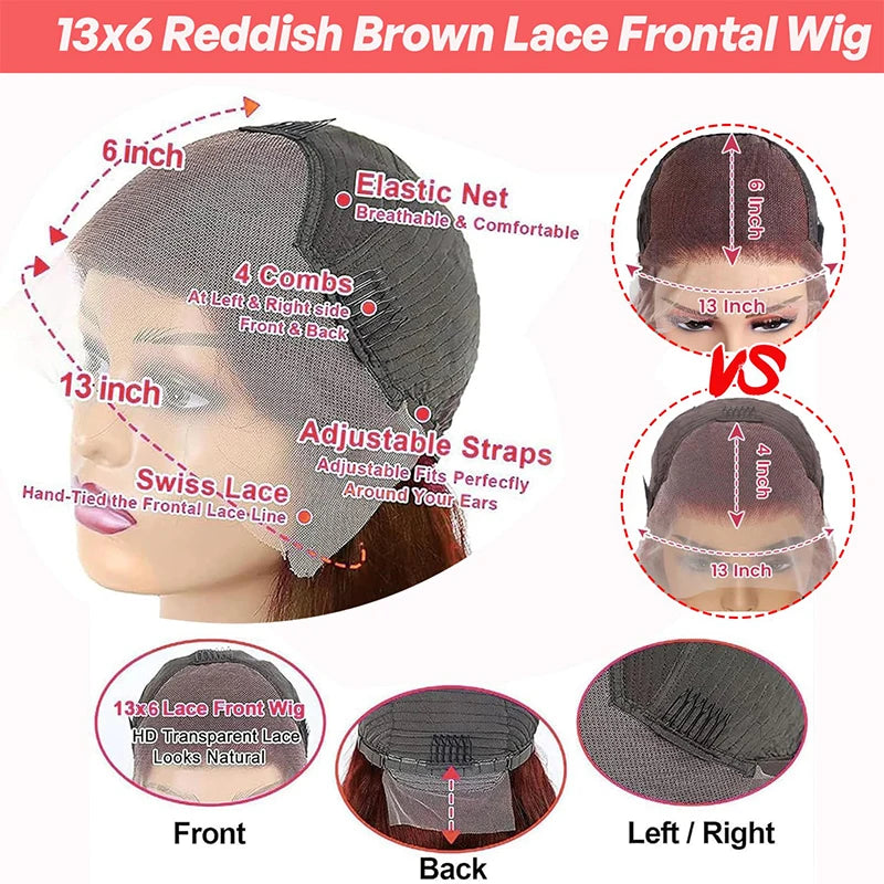 Body Wave Reddish Brown 13x6 Lace Front Wigs Human Hair Pre Plucked With Baby Hair #33 Colored Wigs for Women 180% Density